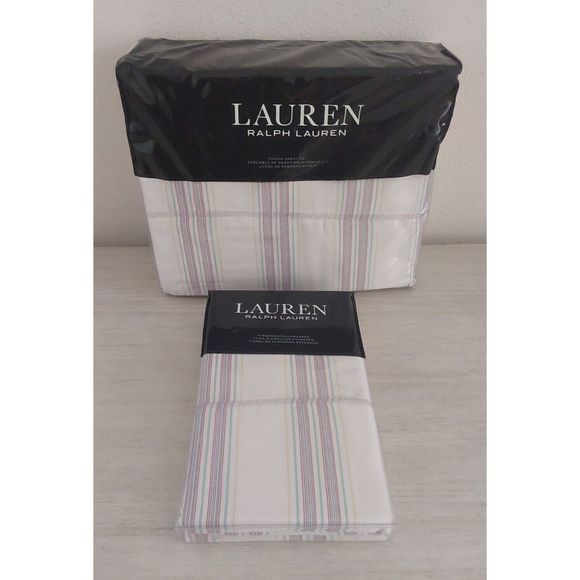 Ralph Lauren CLAUDIA STRIPE Cream Queen Sheet Set w/2-Pk Standard Pillowcases - Picture 2 of 11